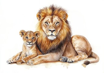 Obraz premium Lion Family Watercolor Painting - Male Lion, Female Lion, Playful Cub - Wildlife Art Illustration