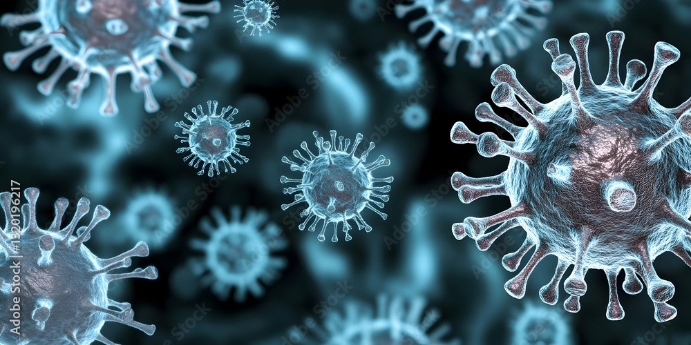 Poster microscopic 3d render of viruses shows numerous pathogens in detailed close-up, abstract background