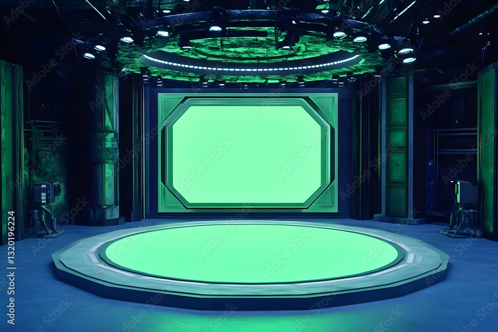 Poster futuristic green screen studio: circular platform and large screen backdrop for virtual production