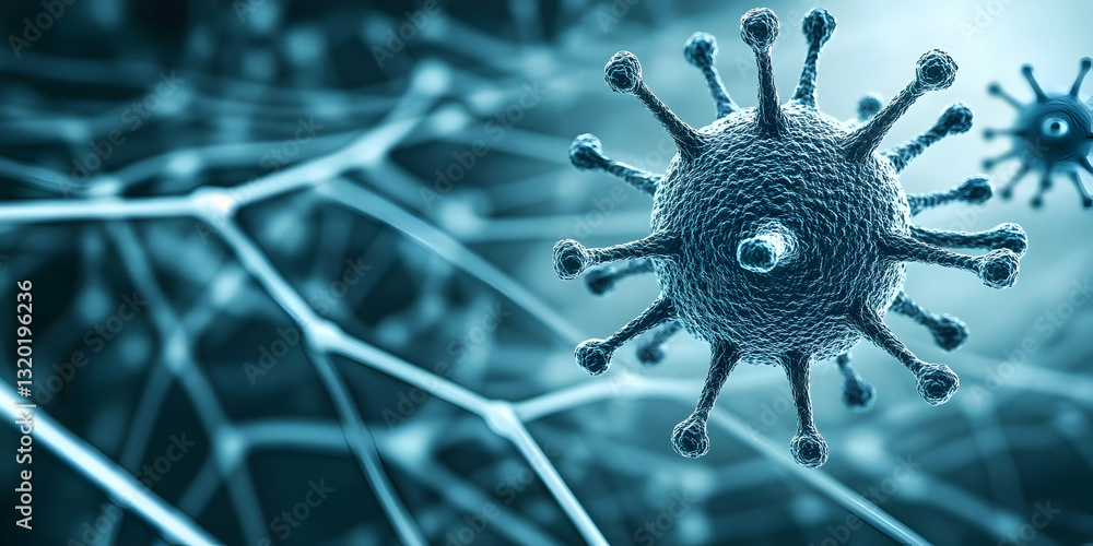 Poster microscopic 3d render of virus particle adhering to cellular network, illustrating infectious diseas