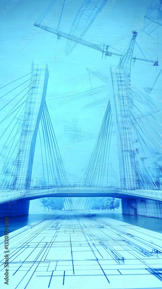Poster abstract 3d wireframe bridge design with construction cranes overlaying blueprint