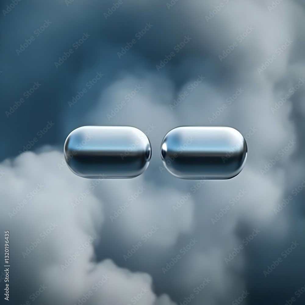 Poster abstract 3d render of two metallic capsules floating against a cloudy sky background