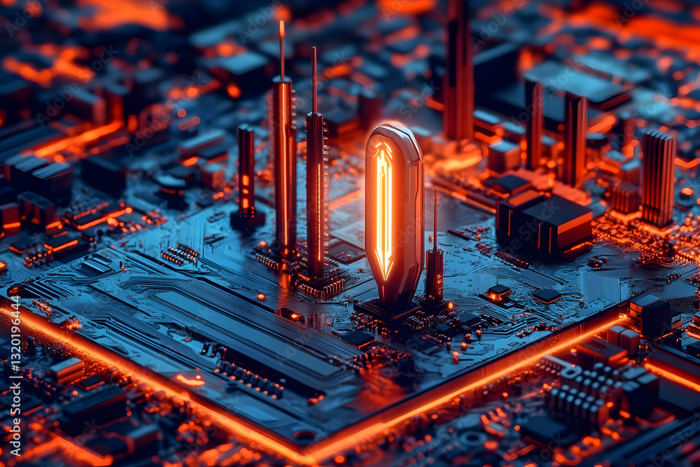 Poster abstract 3d render of futuristic circuit board with glowing components, illustrating technological a