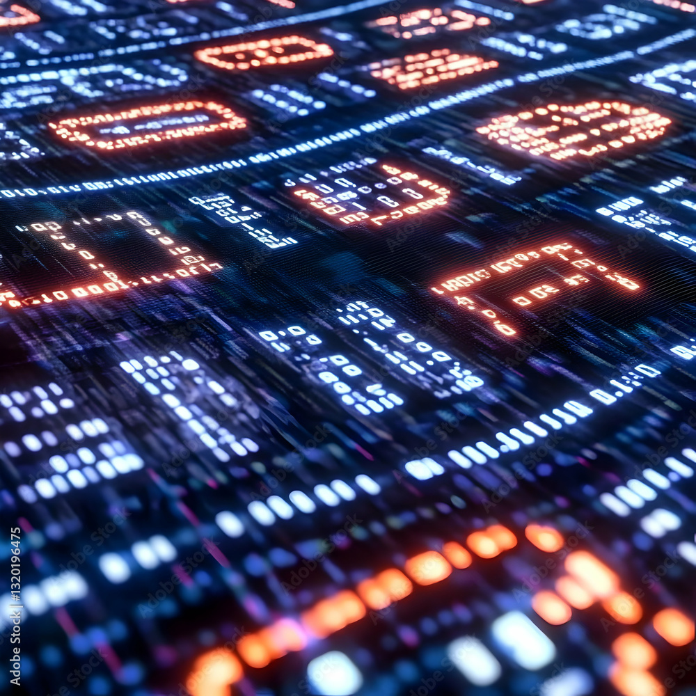 Aufkleber abstract 3d digital data stream background with glowing blue and orange codes