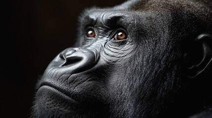 Obraz premium A regal silverback gorilla, head turned to the left; contrasting dark forehead with lighter jawline. Majestic presence emanates from its powerful stance, exuding raw strength and primal grace