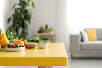 bright living room with fruit on yellow tabletop
