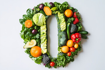 "O" for Organic: A vibrant array of fresh, colorful organic fruits and vegetables artfully arranged to form the letter "O", celebrating the beauty of healthy eating.