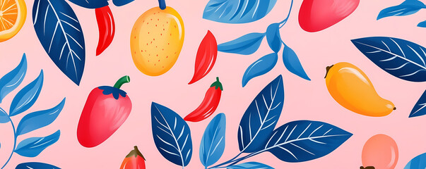 Tropical Fruit Extravaganza: A vibrant illustration showcases a delightful array of exotic fruits amidst a backdrop of stylized leaves, capturing the essence of a tropical paradise.