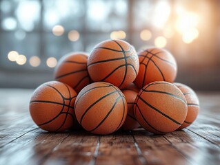 Obraz premium Basketball Pyramid Stack on Wooden Floor with Natural Lighting