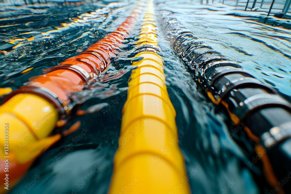 Aufkleber abstract 3d render of colorful cylinders submerged in water, showing ripples and reflections with vi