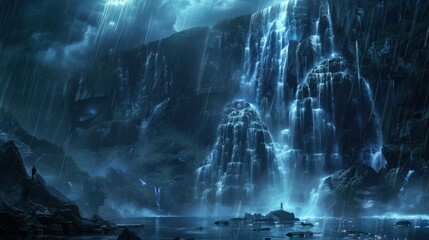 Obraz premium Blue Waterfall: A natural wonder where the waterfall's water appears blue, influenced by mineral content or light reflection, creating a mesmerizing sight. 