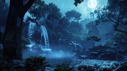 Fototapeta premium Blue Waterfall: A stunning waterfall where the water appears blue, created by mineral content or light reflection, offering a breathtaking natural scene. 