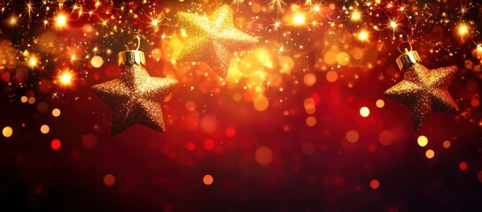 Christmas Bokeh Lights with Glowing Red and Gold Star Ornaments for Festive Holiday Celebration