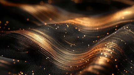 A dark textile with golden streaks and particles floating around