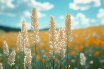 Close up of green wheat blades in meadow under blue sky and fluffy clouds