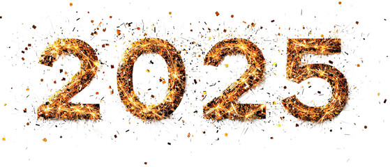 Png of A sparkling representation of the year 2025, featuring vibrant golden numbers with bright fireworks on transparent background.