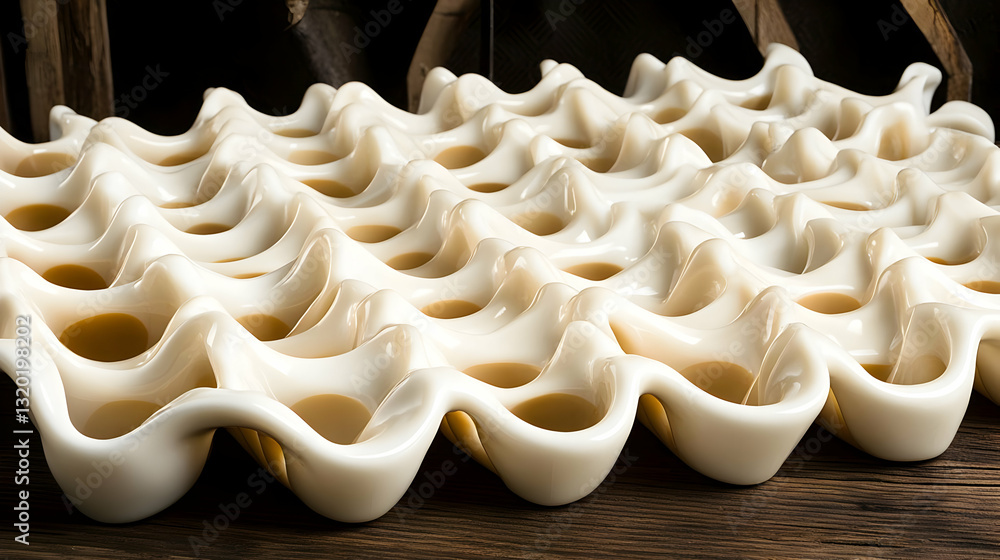 Poster abstract 3d render of wave-like structure with multiple concave cups, seamlessly interconnected, on 