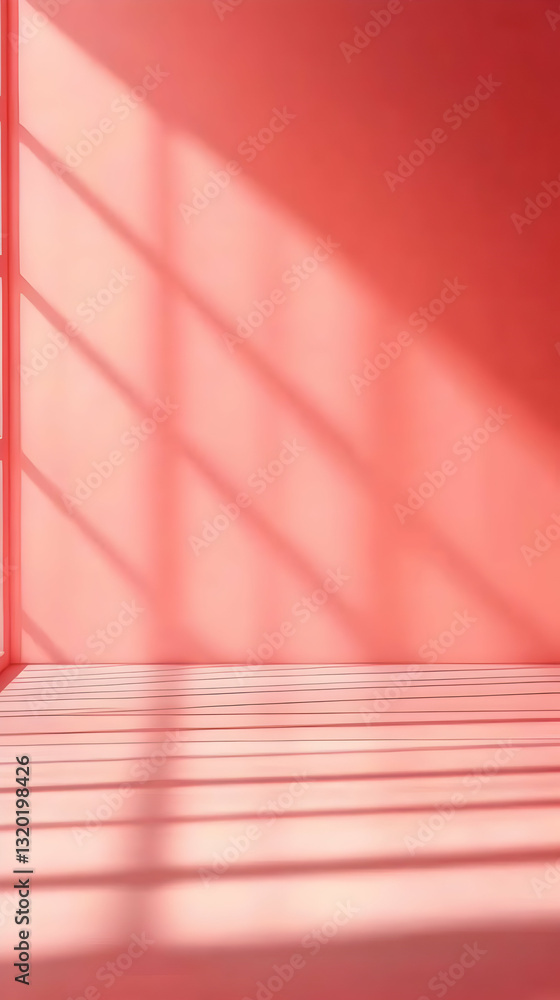 Poster abstract 3d room with coral walls and sunlight streaming through window, creating soft shadows on st