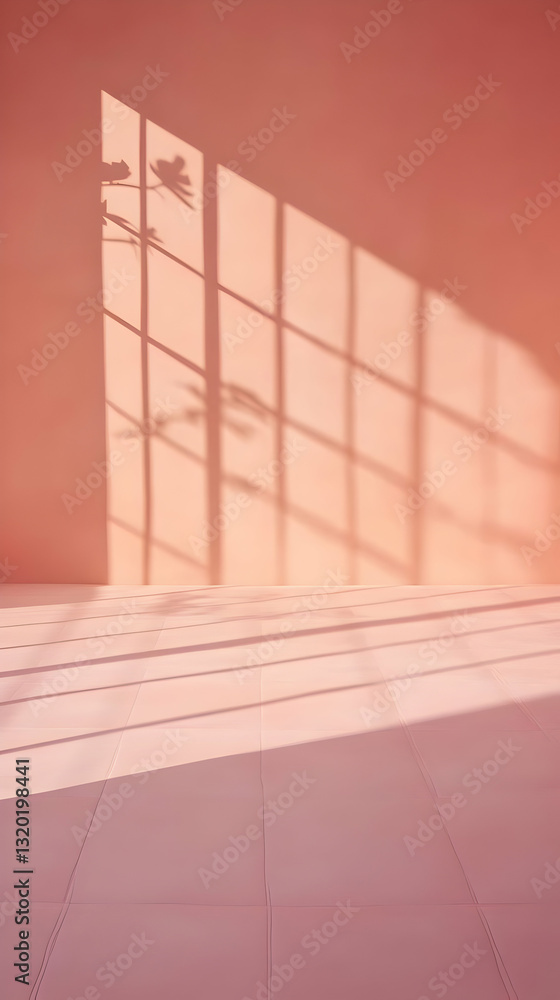 Poster blush pink room with window shadow overlay, creating a serene and minimalist 3d background illustrat