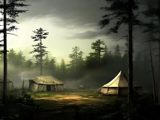 Misty Forest Campsite: Canvas Tents and Tall Trees in a Digital Painting
