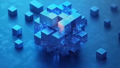 Obraz premium Blue Geometric Cube Structure Minimalist 3D Render Abstract Digital Art