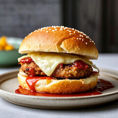 Macanese Pork Chop Bun with Melted Cheese and Tomato Sauce