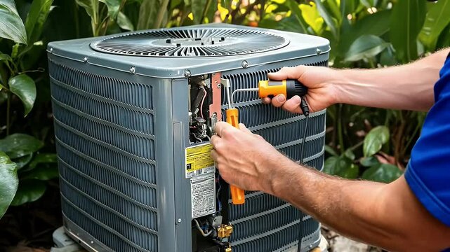 Close Up Of A Person Repairing An Air Conditioning Unit With Orange And Black Tools In A Green Outdoor Setting With A Blue Shirt And Metal Machine