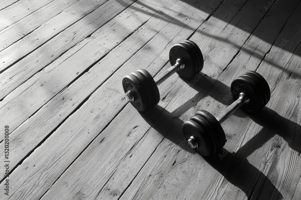 Poster Minimalist black and white dumbbells resting on a textured wooden floor with diagonal floorboard lines and ample negative space