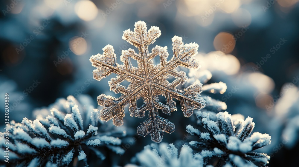 Poster a close up view of a sparkling snowflake on a branch