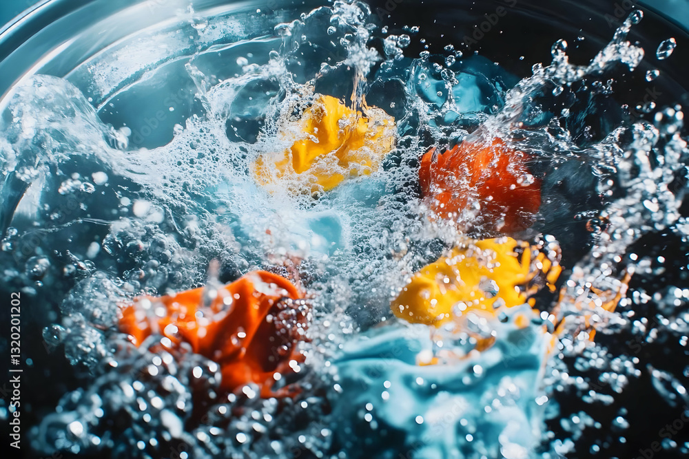 Poster vibrant fabrics submerged in water, creating a dynamic, abstract background with splashing action an