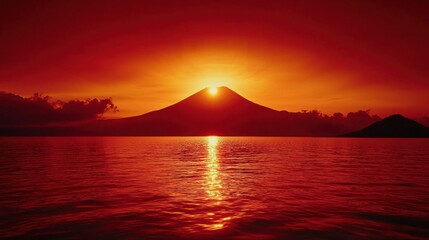 Dramatic Sunset Over a Peaceful Volcano with Reflective Water Surface