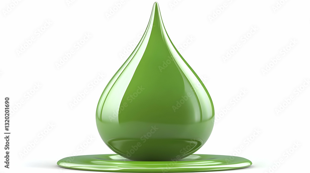 Aufkleber 3d render of a glossy green liquid drop falling, creating a puddle on a white background; abstract, 