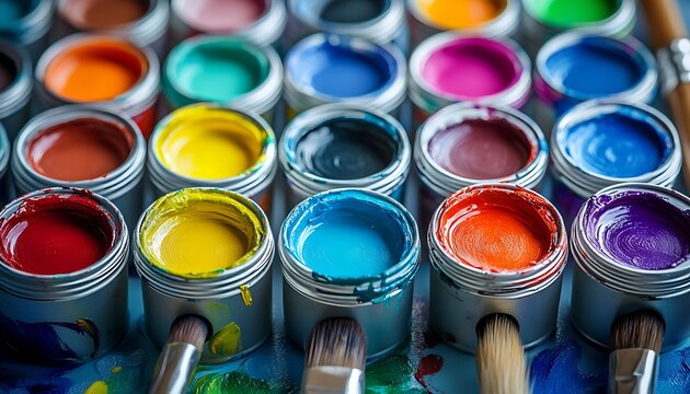 Many open containers filled with vibrant colorful paint displayed together