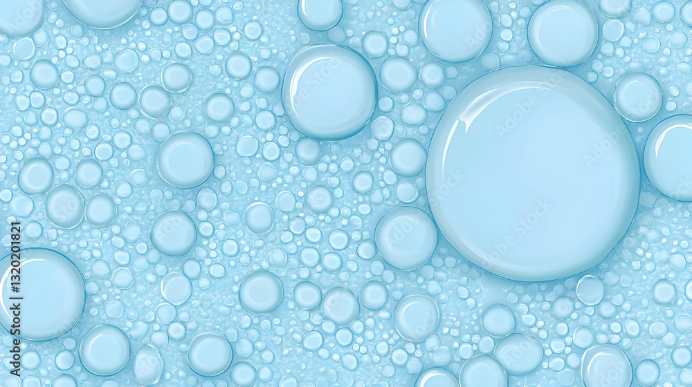 Poster abstract 3d render of light blue bubbles floating on a surface, creating a unique textured backgroun