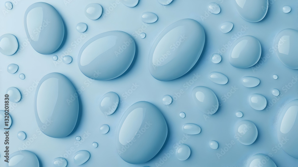 Poster abstract 3d render of oval water droplets on a light blue surface, creating a seamless background te