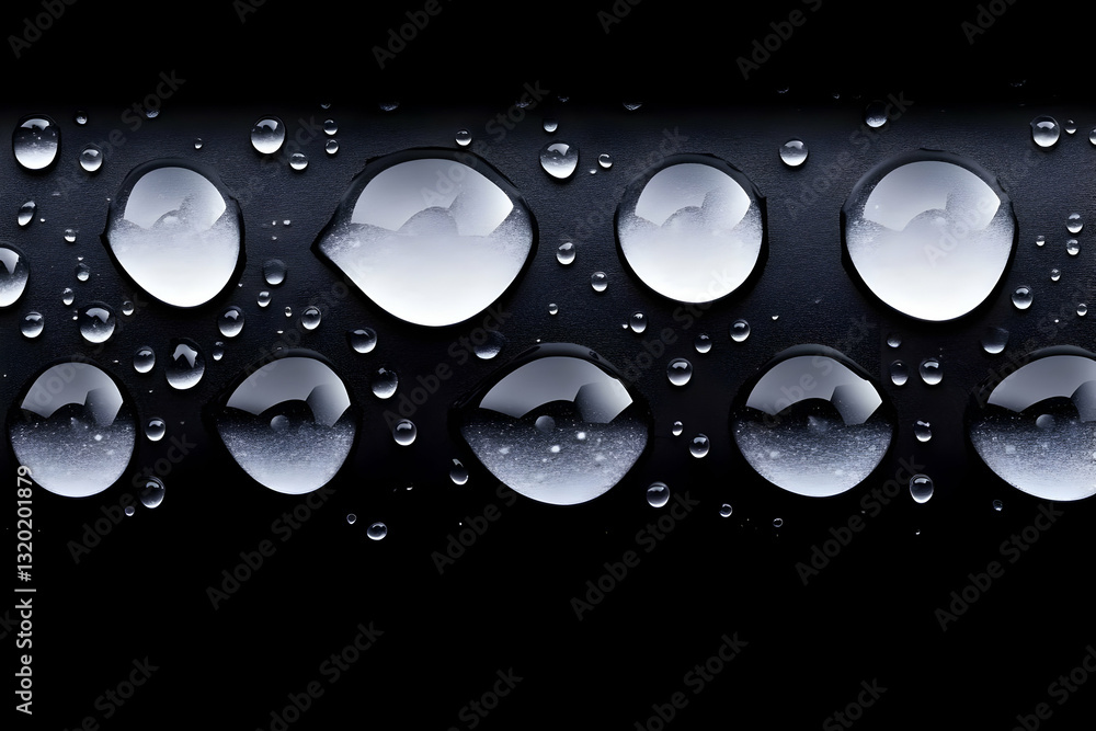 Poster abstract background of large and small water droplets on a dark surface, creating a striking visual 