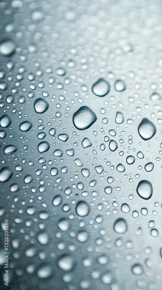 Poster abstract macro photograph of water droplets on a smooth surface, showing a close-up view of their te