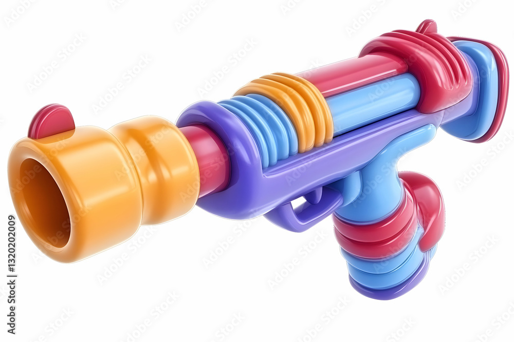 Poster 3d render of a colorful toy pistol with smooth, abstract design elements, isolated on white backgrou