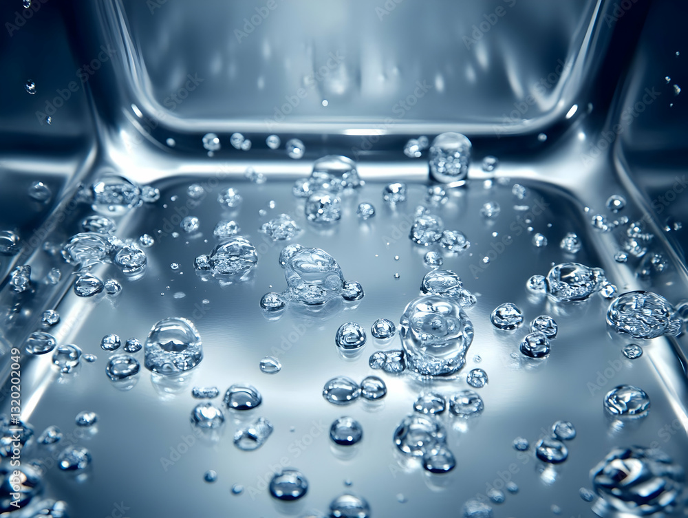 Poster close-up of water droplets on a reflective surface, creating a stunning abstract background image wi
