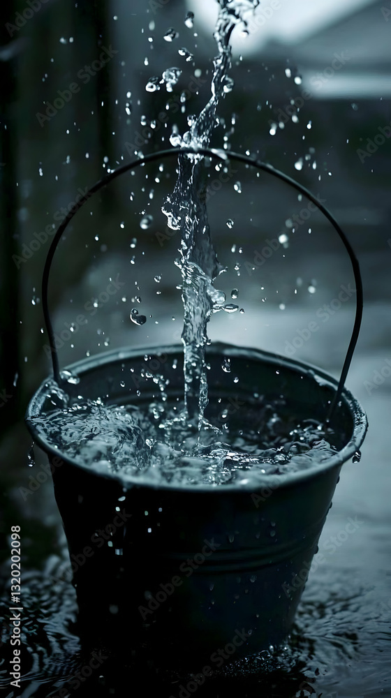 Poster water cascading into a dark metal bucket, splashing dynamically, creating a high-contrast, moody ima