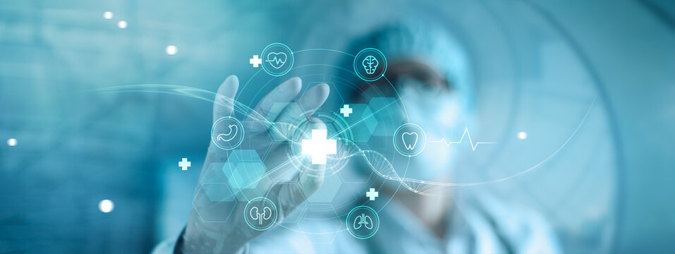 Healthcare and medical. DNA, Medicine doctor touching white cross medical icons, digital healthcare diagnosis for patient. Health insurance, Science, Medical research and development.