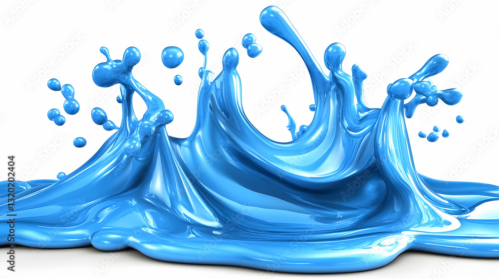 Poster 3d render of a vivid blue liquid splashing dynamically, creating an abstract background image