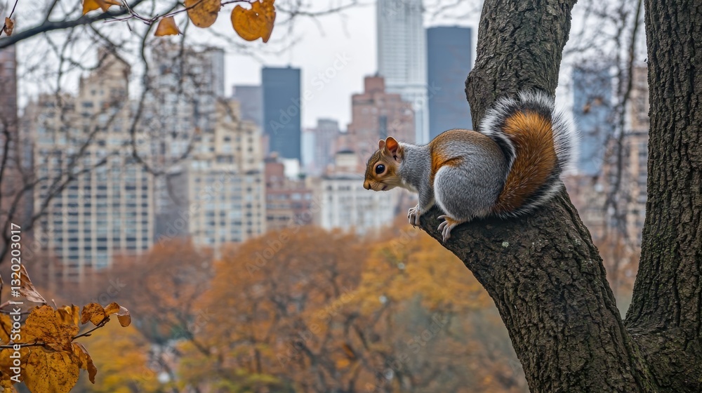 Poster squirrel perched on tree branch with urban skyline background in a vibrant autumn setting in central