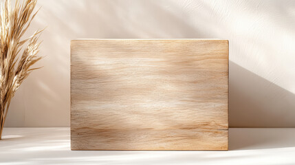 classic wooden box isolated on soft beige background, showcasing natural beauty