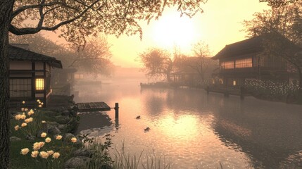 Fototapeta premium Serene Twilight Over Tranquil Waterway with Vintage Architecture