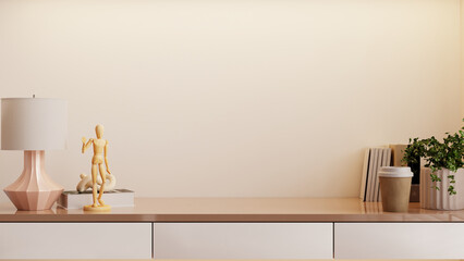 Wooden table and accessories decor in living room interior on empty white tone background- 3D rendering