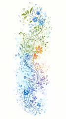 Watercolor Floral Design:  Abstract Blue, Orange Flowers and Vines Twirling on a White Background with a Rainbow Watercolor Wash