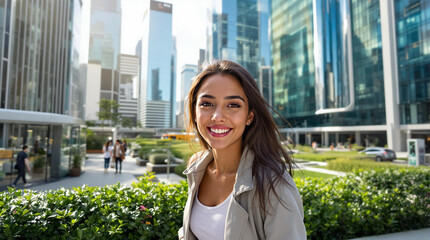 Fototapeta premium Mujer hispana joven en una ciudad moderna y futurista 