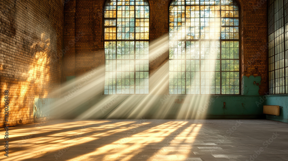 Poster serene abandoned space with sunlight streaming through large windows, creating tranquil