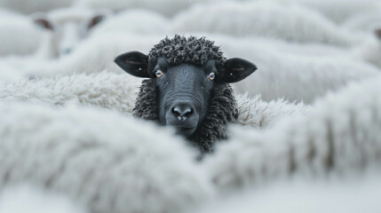 Black sheep standing out among a flock of white sheep in a symbolic representation
